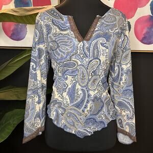 Y2k Vintage Blue and White Paisley/ Lace Print Asymmetrical and Top Sleeves S